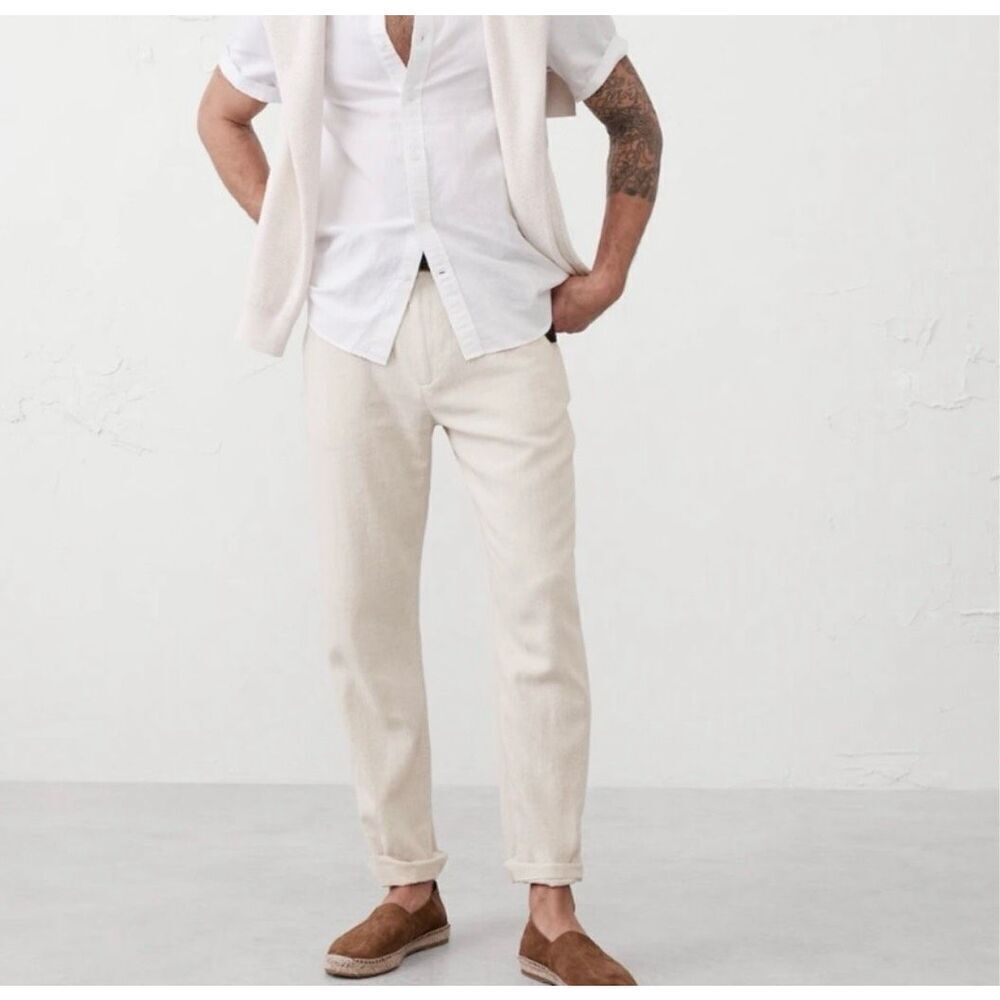 ✨Banana Republic Smithfield Linen Cuffed Sz 34R Cream Pants✨